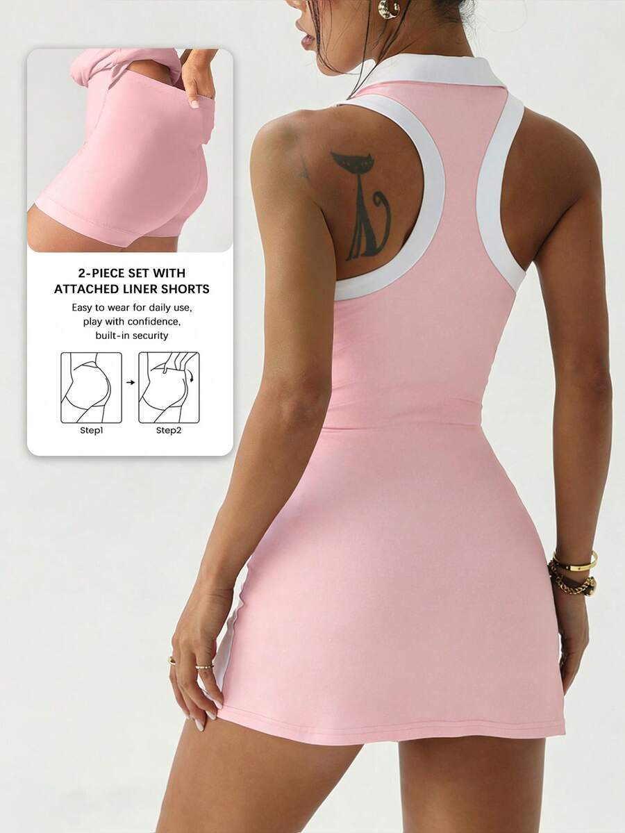 polo tennis golf mini dress with liner shorts, pocket, white collar, contrast side panels and racerback active fit image 16