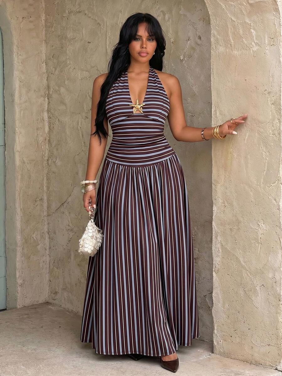 plus size halter maxi dress with deep V neckline, back neck tie bow, open shoulders, ruched waist panel, gold starfish charm, gathered A-line maxi skirt and solid or printed vacation colorways image 16
