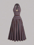 plus size halter maxi dress with deep V neckline, back neck tie bow, open shoulders, ruched waist panel, gold starfish charm, gathered A-line maxi skirt and solid or printed vacation colorways image 18