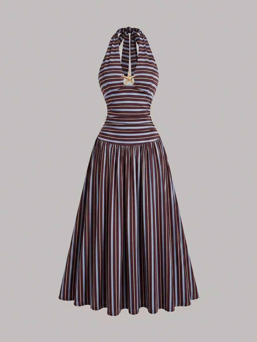 plus size halter maxi dress with deep V neckline, back neck tie bow, open shoulders, ruched waist panel, gold starfish charm, gathered A-line maxi skirt and solid or printed vacation colorways image 18