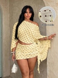 plus size two-piece beach club set with off-shoulder batwing crop top, sheer lightweight mesh or knit fabric, ruched side-tie mini skirt, exposed waist and print or solid color variants image 8