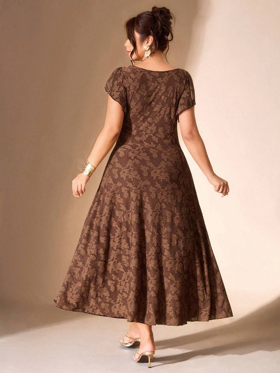 Back view of coffee brown floral jacquard midi dress with scoop back, flutter sleeves, and softly flared skirt