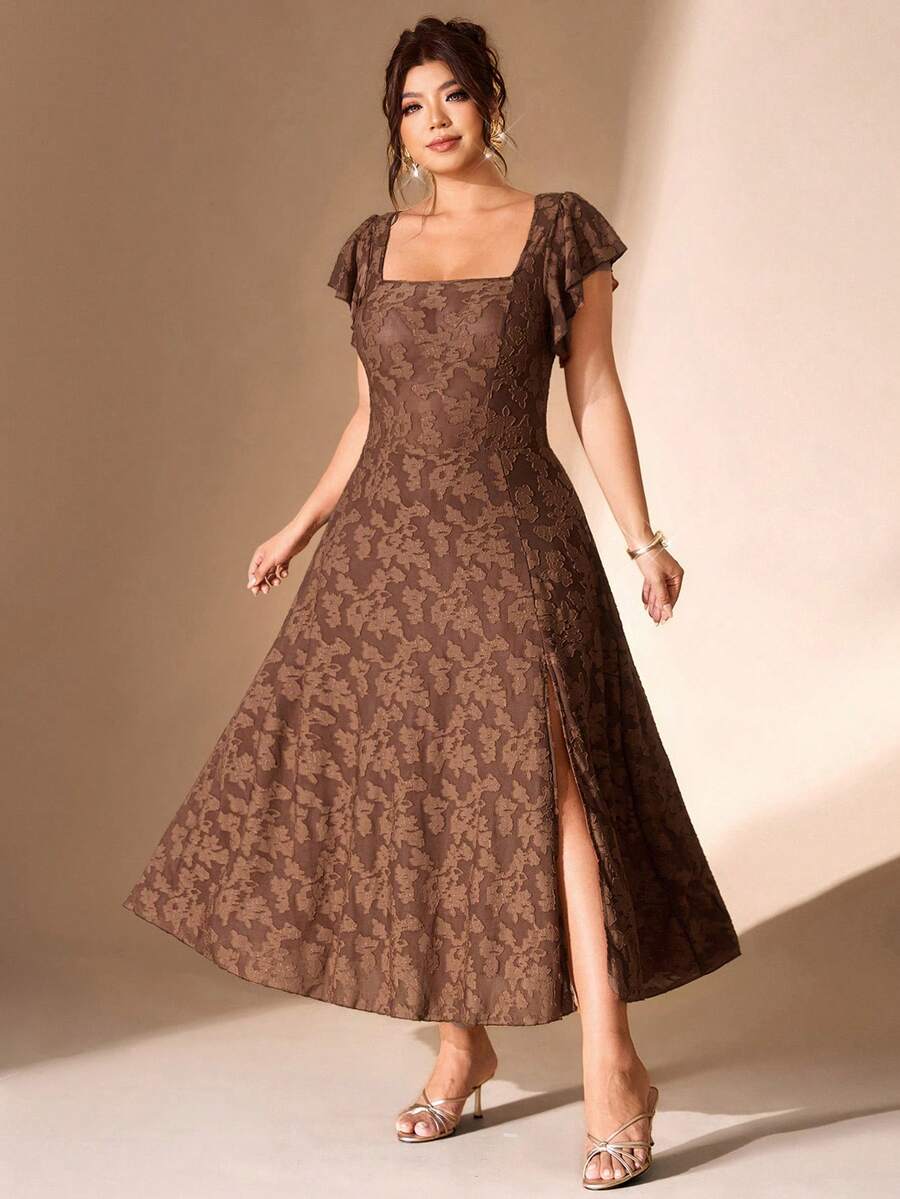 Front view of coffee brown floral jacquard midi dress with square neck, flutter sleeves, A-line skirt, and thigh slit