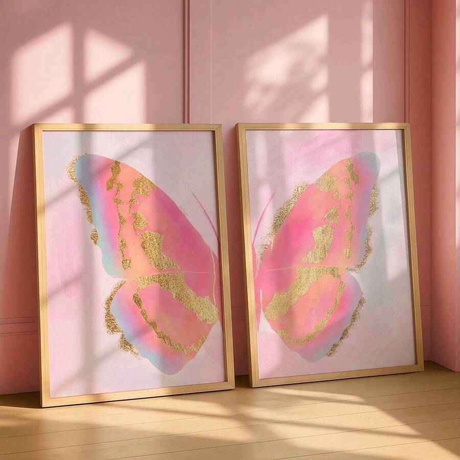 Pastel butterfly canvas set above a bedroom console