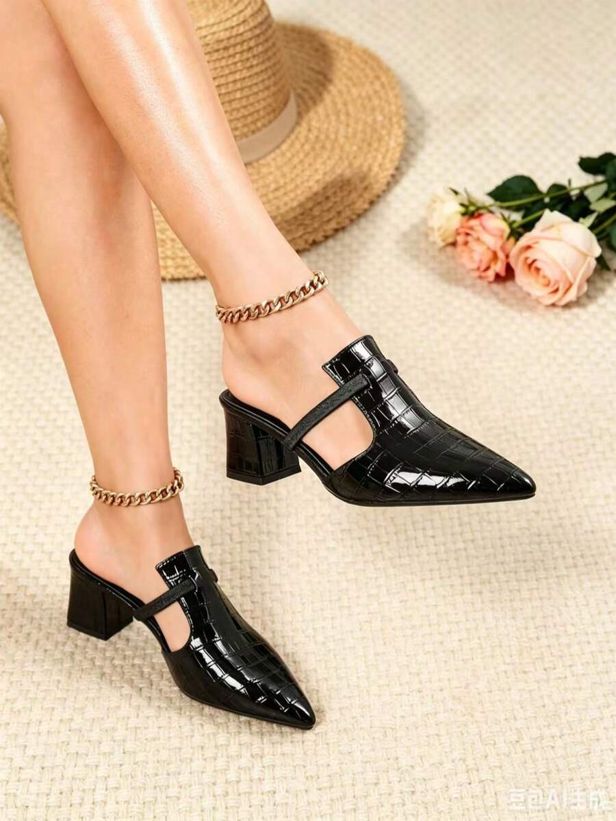 Black patent croc embossed pointed mules with block heel and instep strap