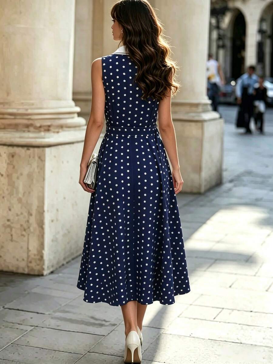 Full view of retro navy blue polka dot dress with contrast lapel, piping, and square buckle belt