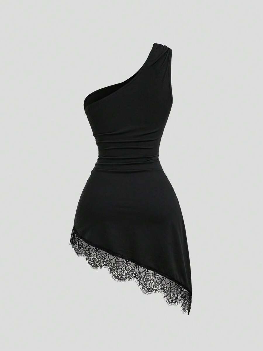 Black one-shoulder bodycon mini dress with lace trim