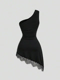 Black asymmetrical mini dress with ruched waist and uneven hem