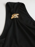 Black sleeveless lace-trim dress with one-shoulder neckline