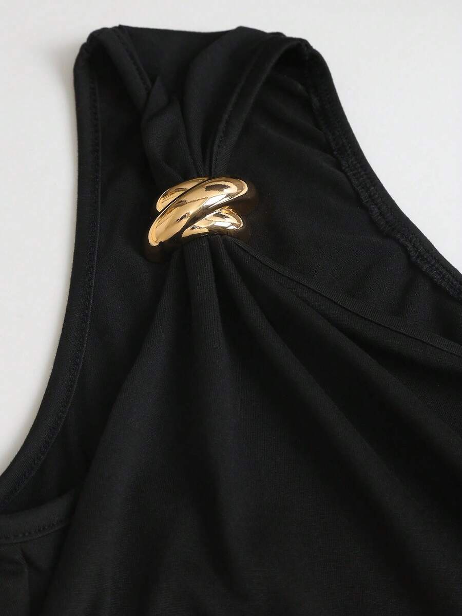 Black sleeveless lace-trim dress with one-shoulder neckline