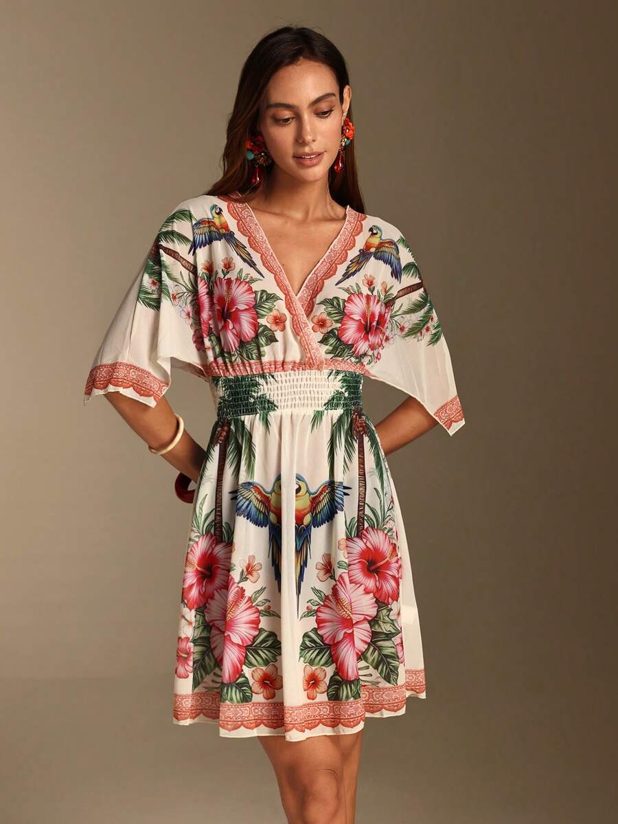 Tropical mesh flutter sleeve resort cover up dress at sunset