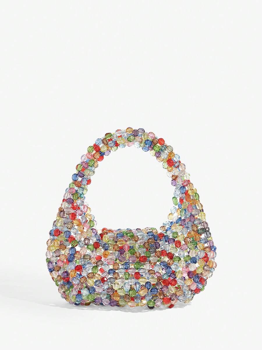 Colorful beaded crescent mini bag with red blue green yellow and clear beads