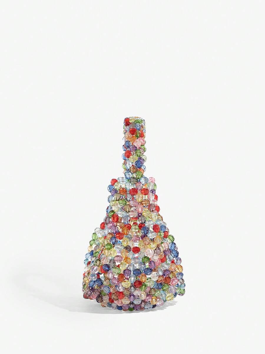 Close view of chunky transparent beads on multicolor mini hobo handbag