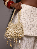 Macrame beach bucket bag with open net texture and wrapped double handles