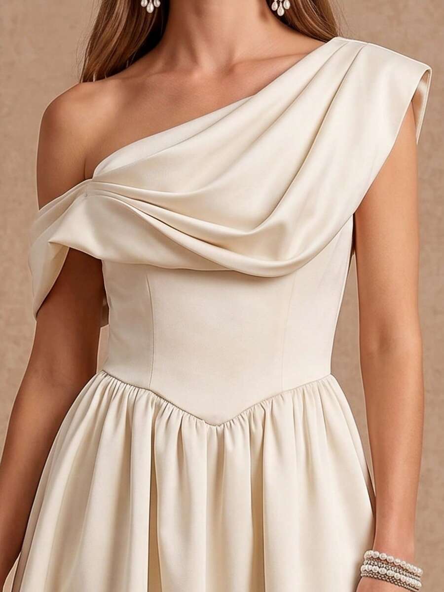 View 1 of ivory one shoulder draped corset mini dress with off-shoulder neckline, V drop waist, gathered skirt, and back zip