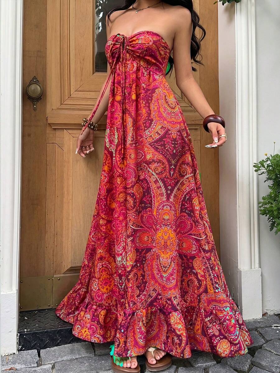 Pink paisley strapless halter maxi dress with empire waist and long A-line skirt