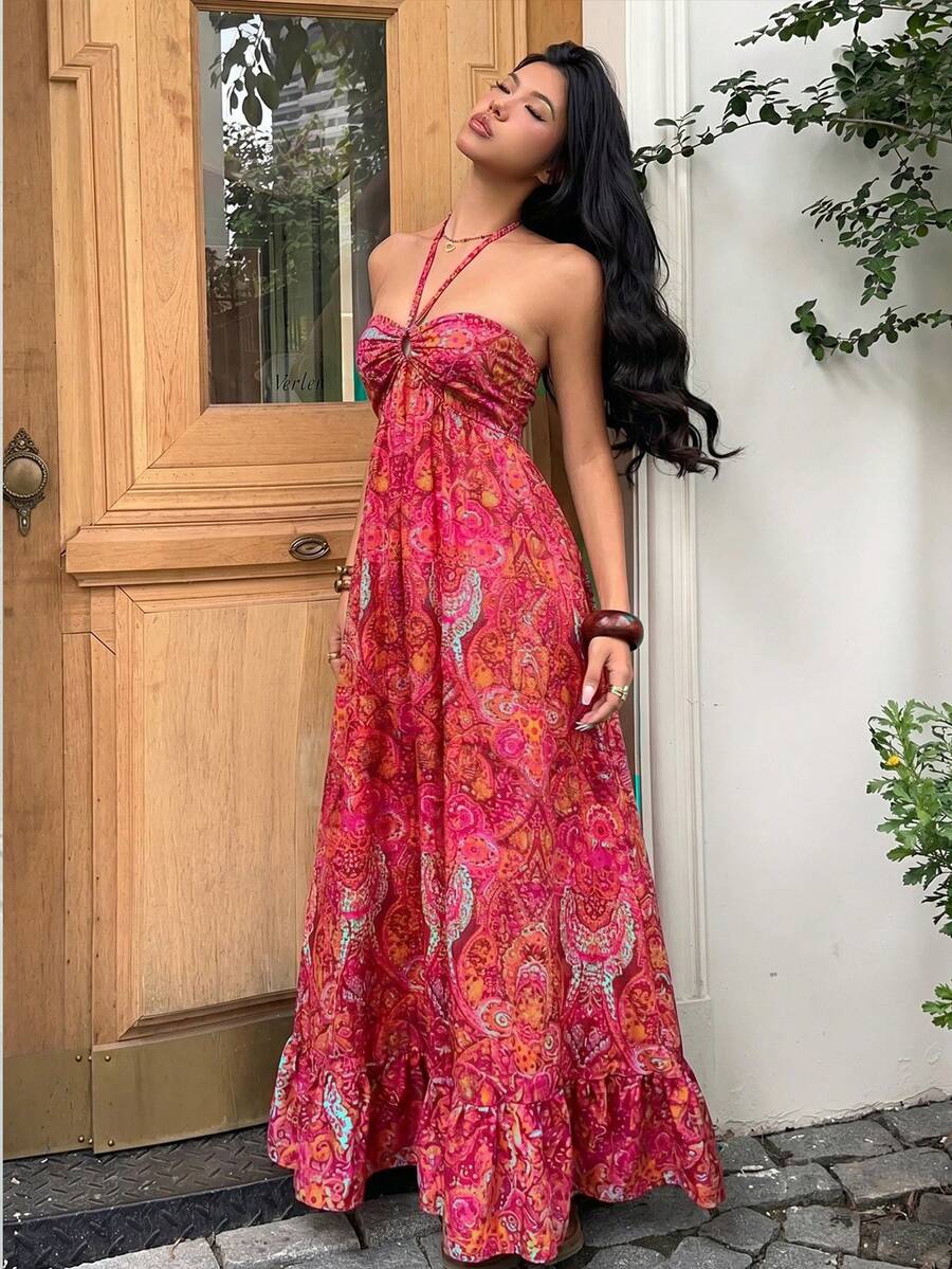 Pink paisley halter maxi dress with front ring keyhole and tiered hem