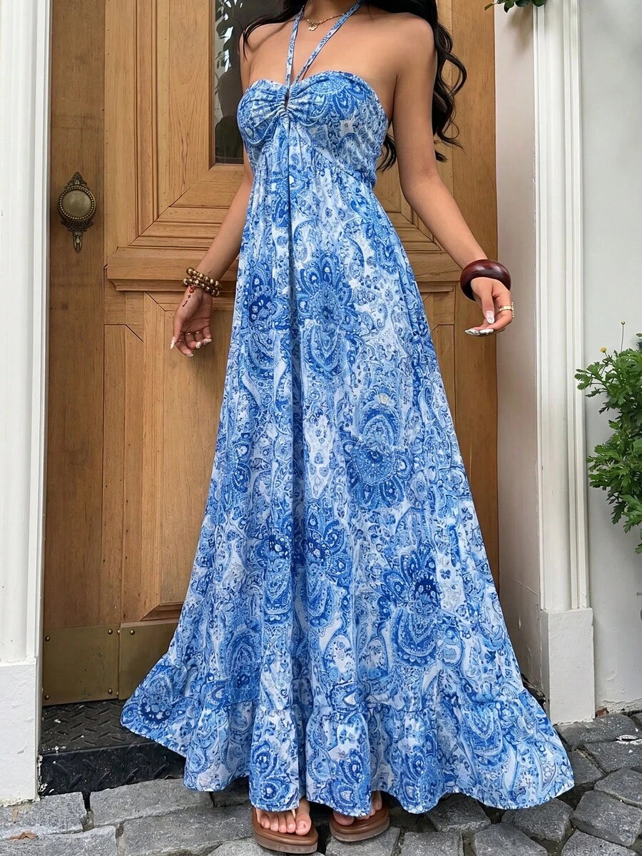 Bright blue white paisley halter maxi dress with sweetheart bodice and front tie