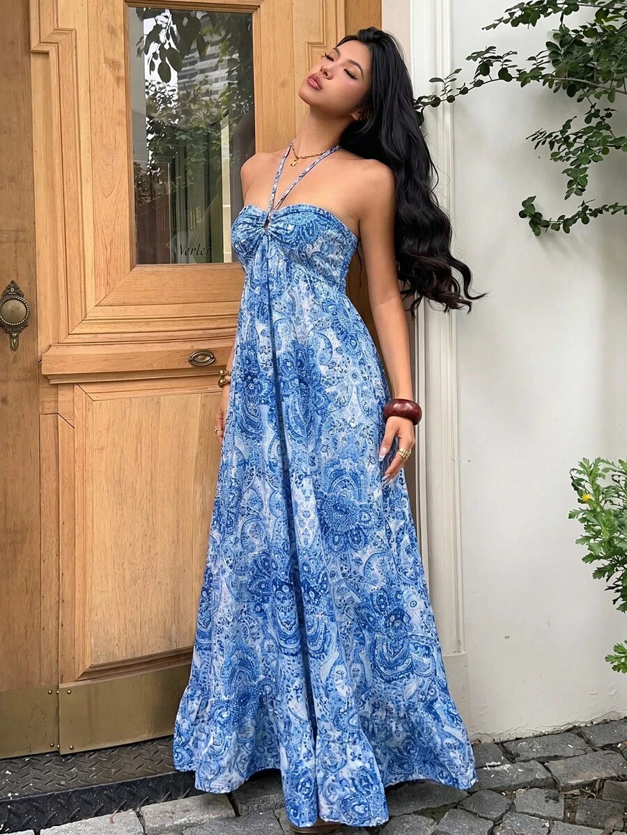 Full front bright blue white paisley halter maxi dress with long flared skirt