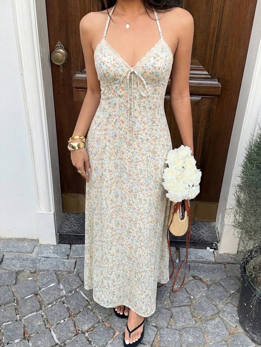 Cream floral maxi dress with sweetheart neckline and front bow