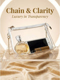 Angled glam view of transparent PVC bag with gold chain and zipper hardware