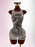Front view of white bodycon mini dress with black dragon illustration