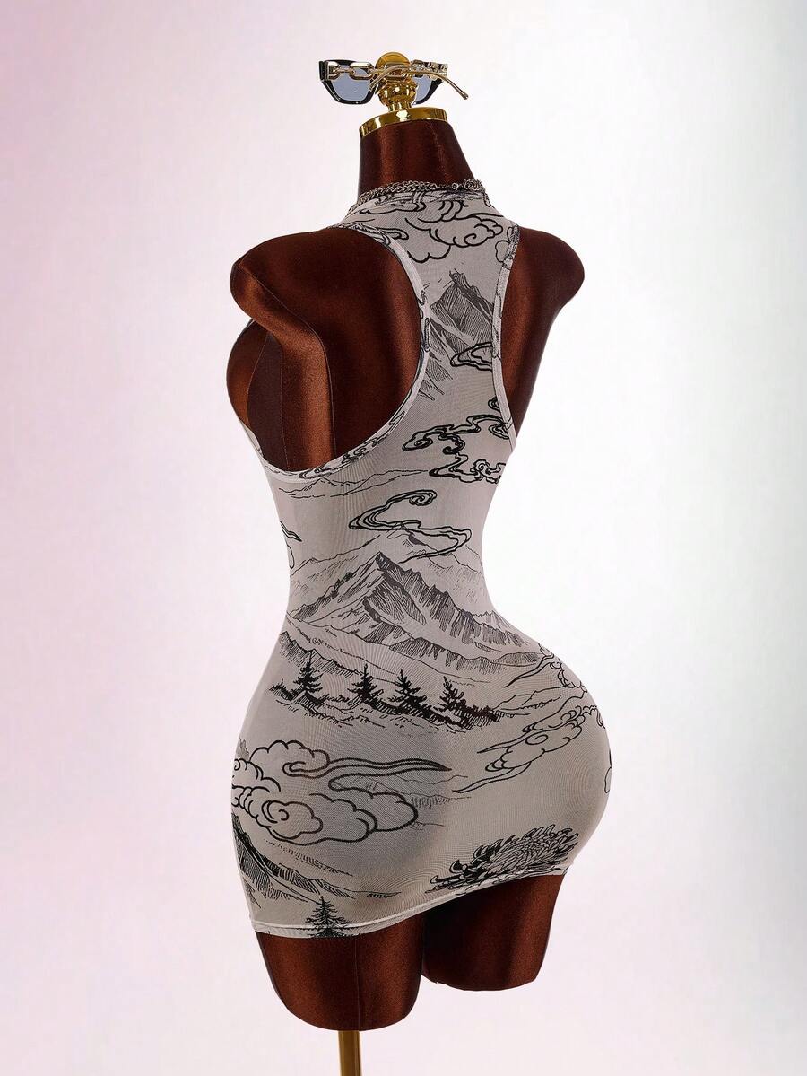 Rear view of white dragon print racerback bodycon mini dress