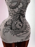 Close-up of black dragon line art on white mesh mini dress