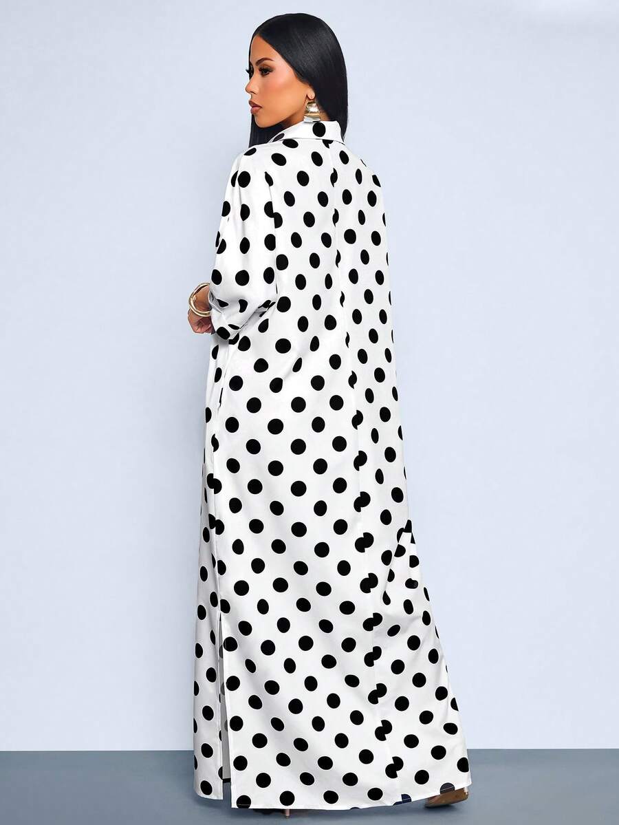 Front three-quarter view of black and white polka dot maxi shirt dress with button front and pocket