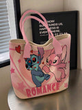 Pink tote bag with pink handles showing Stitch and Angel romance design with hearts and ROMANCE text