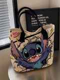Cream Stitch tote bag with black handles large smiling Stitch graphic and colorful comic pattern