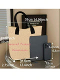 Tote bag dimension chart showing cream bag with black handles 28 cm height 38 cm top width 31.5 cm bottom width and 7 cm depth beside tablet and phone