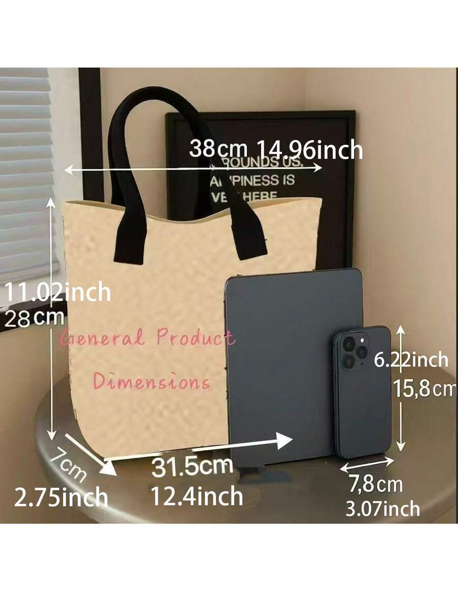 Tote bag dimension chart showing cream bag with black handles 28 cm height 38 cm top width 31.5 cm bottom width and 7 cm depth beside tablet and phone