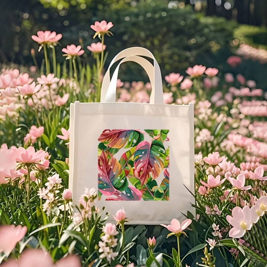 Garden front view of cream canvas travel tote bag with multicolor leaf artwork
