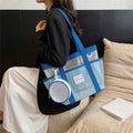 Side shoulder view of blue mesh tote bag with royal blue trim and round pouch