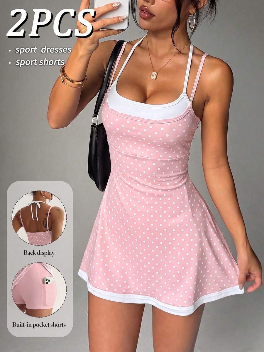 polka dot cami sports mini dress and matching shorts set with adjustable straps and side pocket image 7