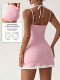 polka dot cami sports mini dress and matching shorts set with adjustable straps and side pocket image 8