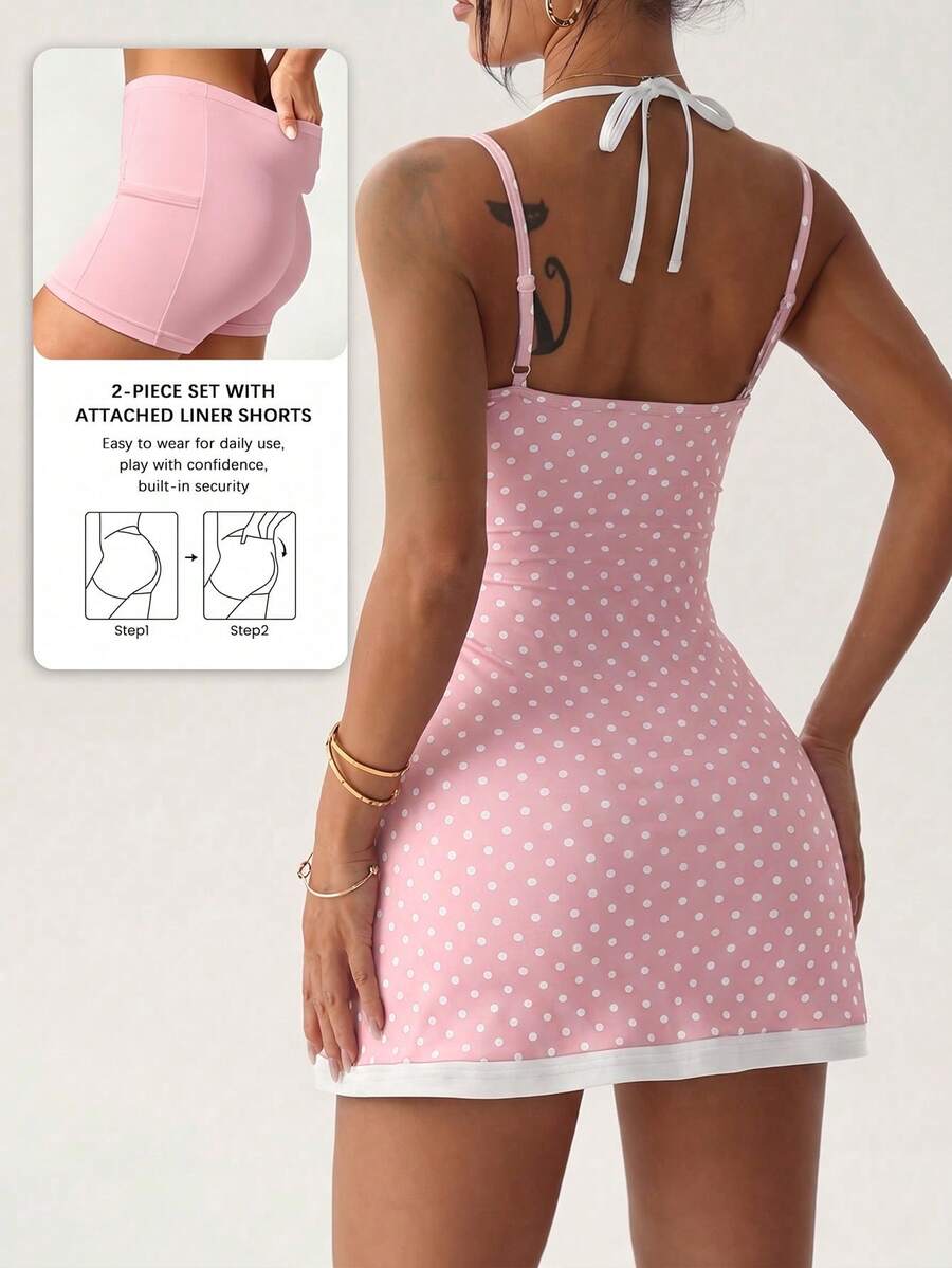 polka dot cami sports mini dress and matching shorts set with adjustable straps and side pocket image 8