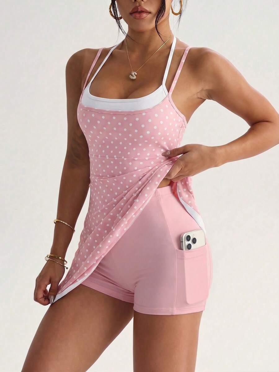 polka dot cami sports mini dress and matching shorts set with adjustable straps and side pocket image 9
