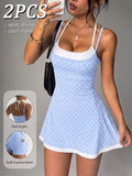polka dot cami sports mini dress and matching shorts set with adjustable straps and side pocket image 13