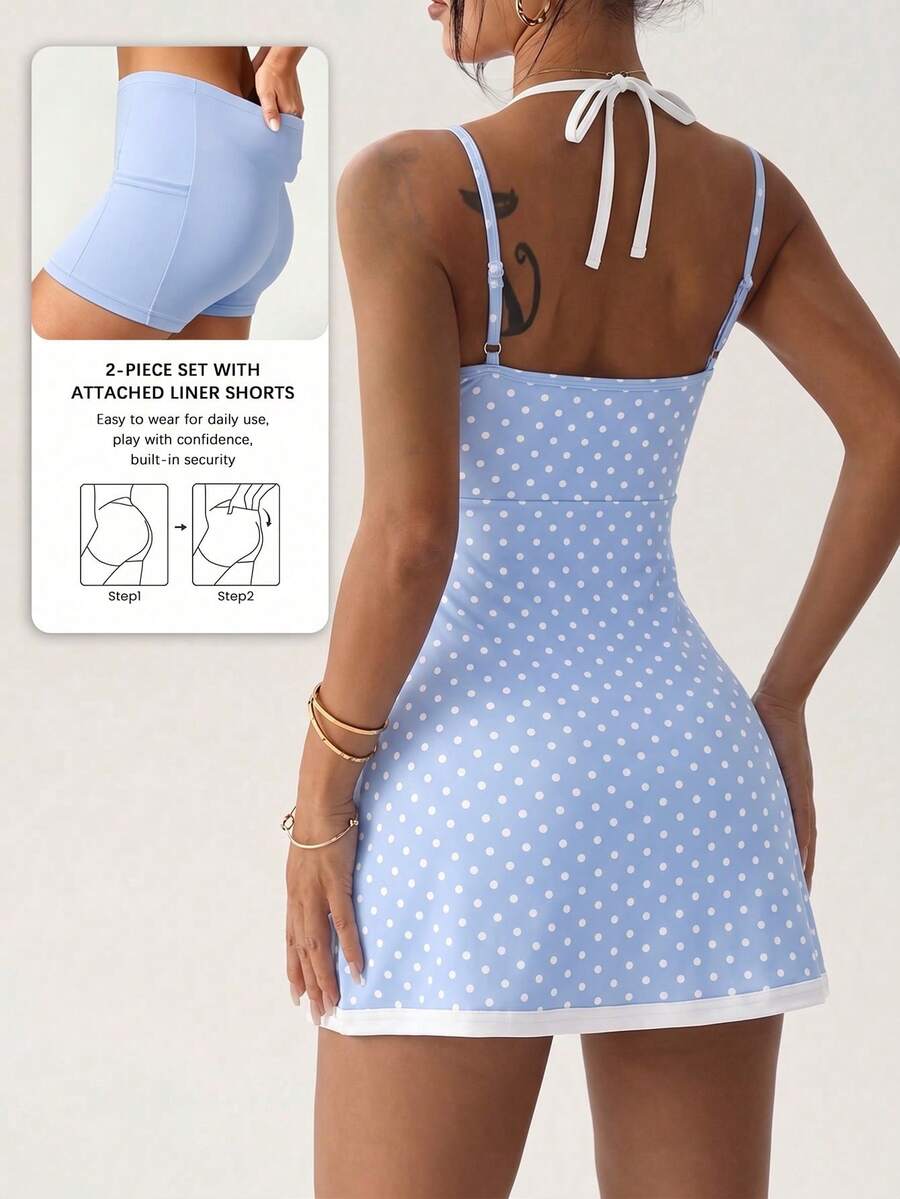 polka dot cami sports mini dress and matching shorts set with adjustable straps and side pocket image 14