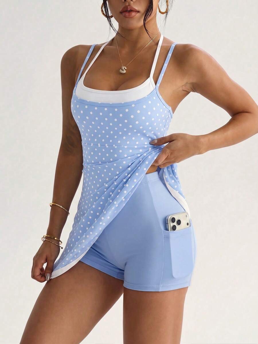 polka dot cami sports mini dress and matching shorts set with adjustable straps and side pocket image 15