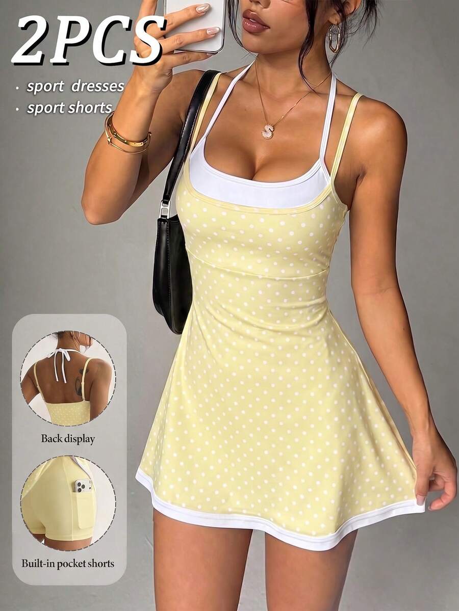 polka dot cami sports mini dress and matching shorts set with adjustable straps and side pocket image 4