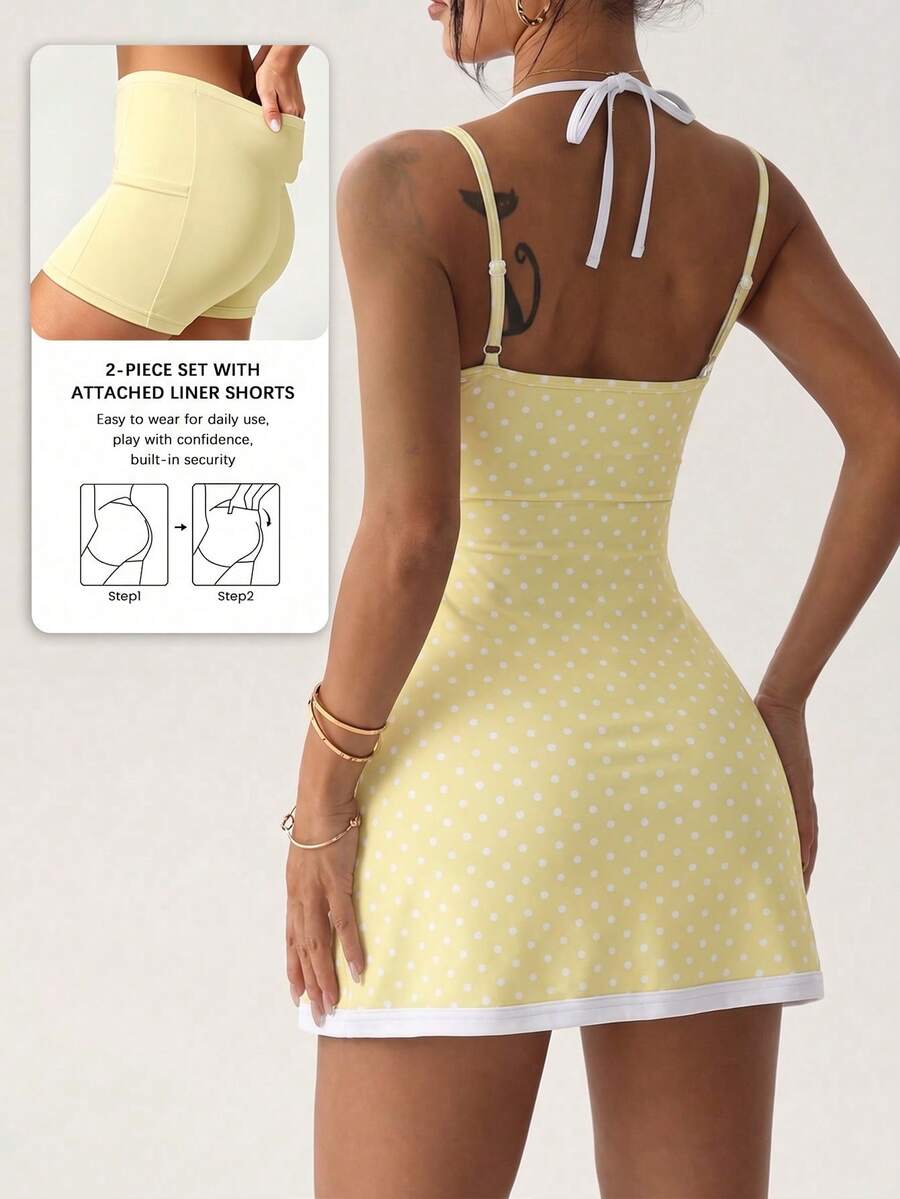 polka dot cami sports mini dress and matching shorts set with adjustable straps and side pocket image 6