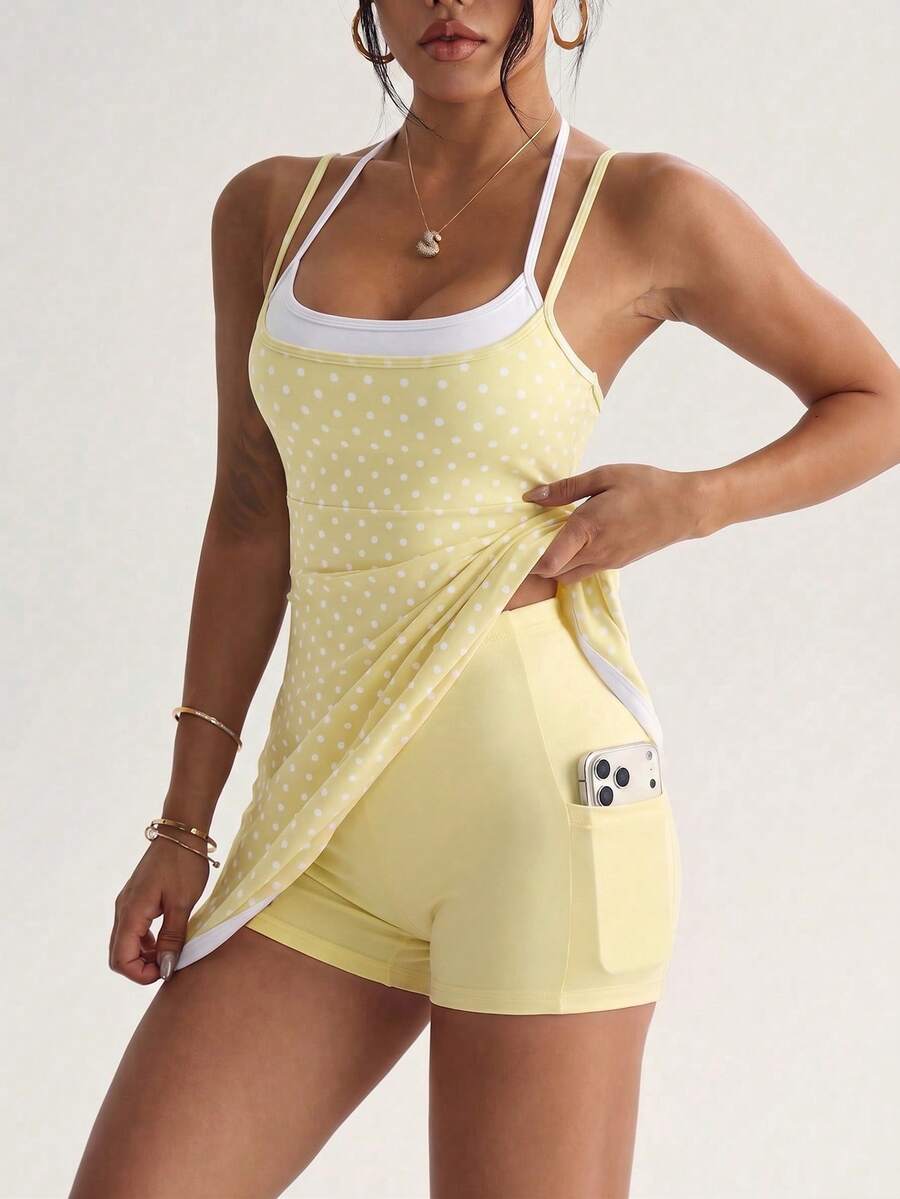 polka dot cami sports mini dress and matching shorts set with adjustable straps and side pocket image 5