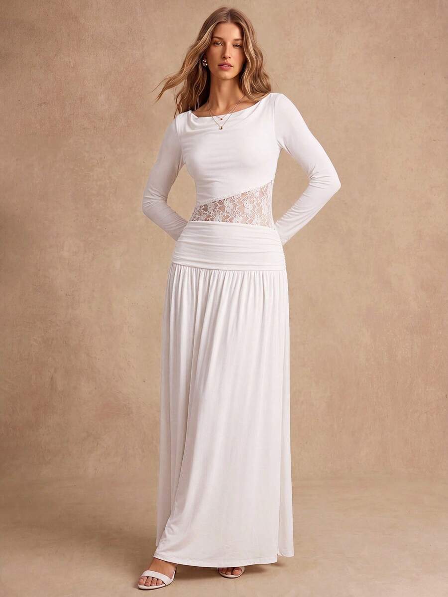 View 3 of ivory long sleeve lace waist maxi dress with cowl neckline, ruched drop waist, floral lace panel, and flowing skirt