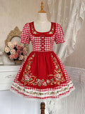 Full front view of red gingham floral cottagecore dress with gathered A-line skirt