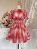 Back view of red gingham dress with puff sleeves, elastic waist, and flared skirt