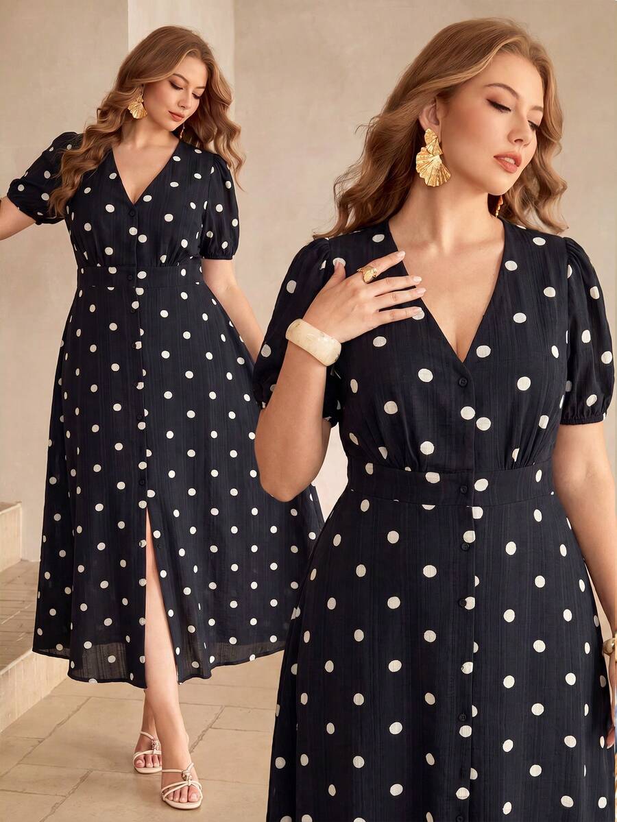 Shop a blue and white polka dot linen maxi dress for women. Perfect for French-inspired summer style, vacations, brunch, beach days, and casual outings.