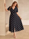 Shop a blue and white polka dot linen maxi dress for women. Perfect for French-inspired summer style, vacations, brunch, beach days, and casual outings.